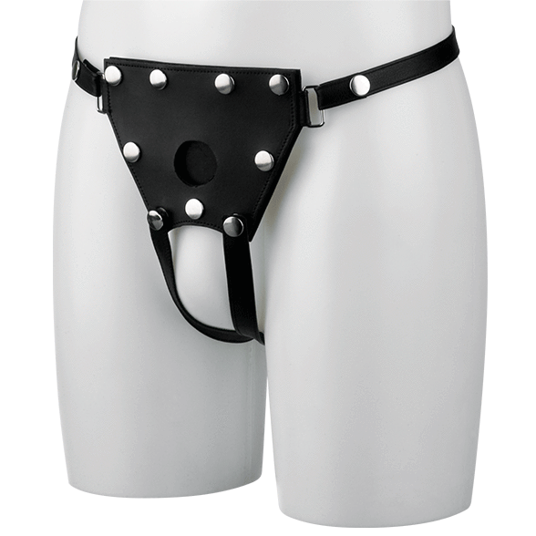 Unisex Crotchless Leather Strap-On Harness - S/M-Electro Strap On Dildos electro sex- estim Europe -ElectraStim